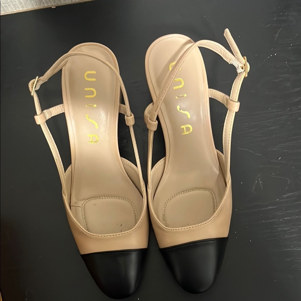 Unisa Tan and Black Slingback Heels